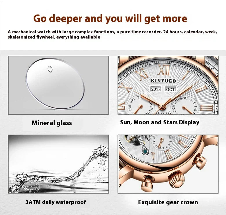 Automatic mechanical watch with genuine leather strap, featuring a stylish hollow-out dial design