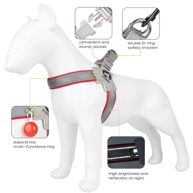Reflective mesh dog harness vest with adjustable straps for a secure and comfortable fit, designed for safe and stylish walks with your canine companion.