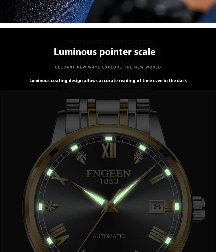 Premium automatic mechanical watch with leather strap, featuring a stainless steel case, luminous hands and markers, and a stylish British-inspired design