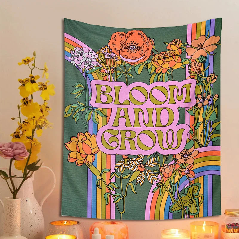 Vibrant 70s retro flower tapestry wall hanging with captivating floral design and rich, colourful pattern