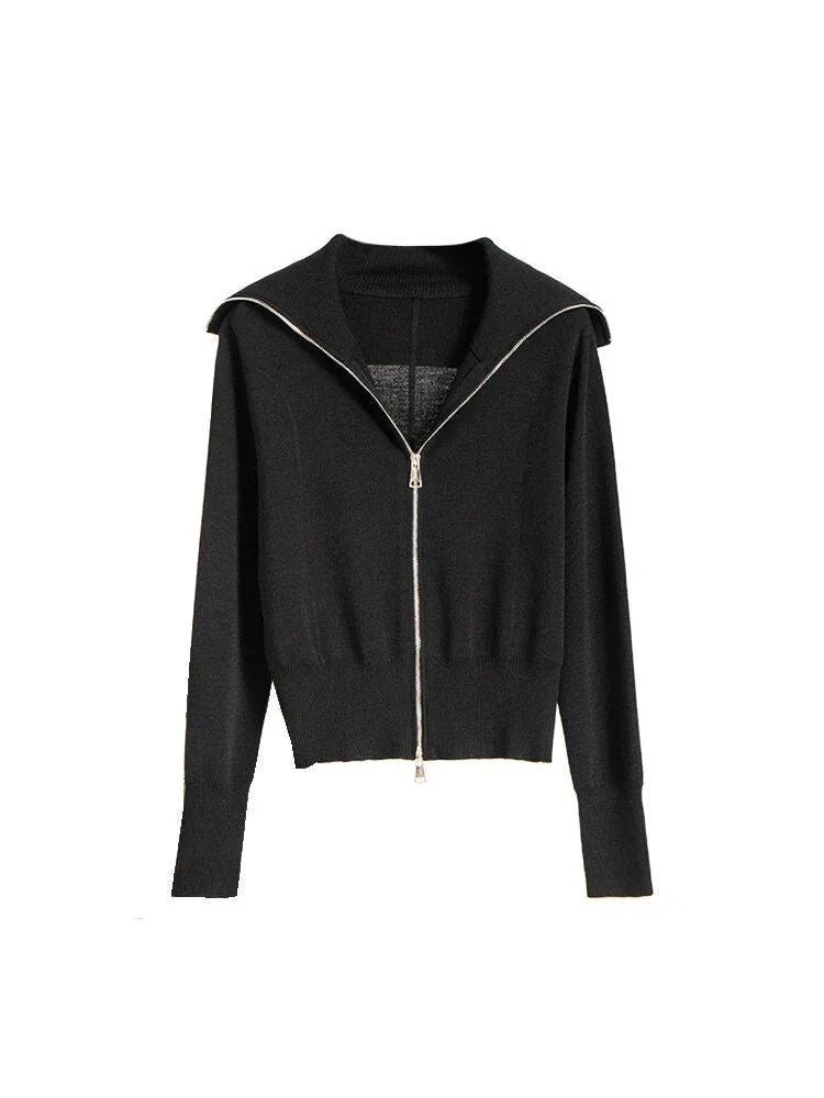 Elegant black silk-cotton blend cardigan with zipper closure, featuring a refined A-straight design and stylish details