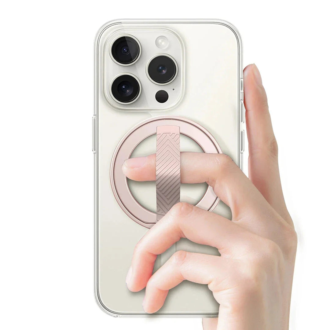 A premium 360-degree magnetic ring phone holder with wireless charging capabilities, made from high-quality aluminium alloy.