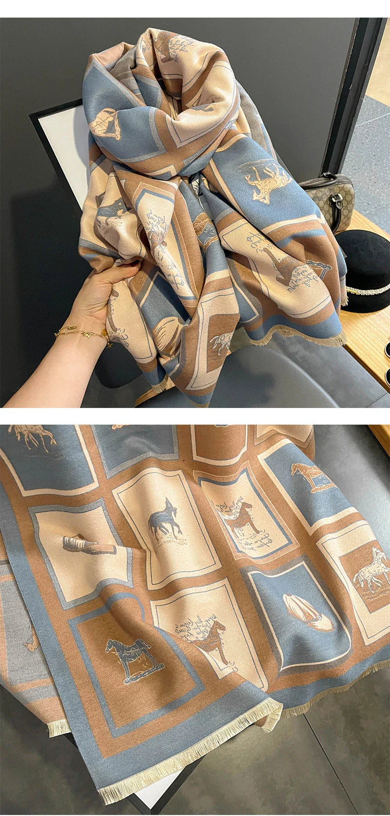 Luxurious artificial cashmere scarf in vibrant colours, perfect for keeping warm or cool with its dual-use design.