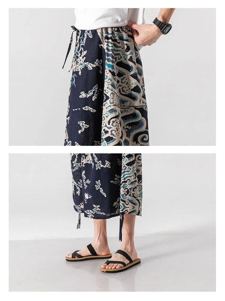 Men's loose-fitting Chinese-inspired cropped pants with a dragon or elephant floral pattern in navy blue, red, or coffee colours