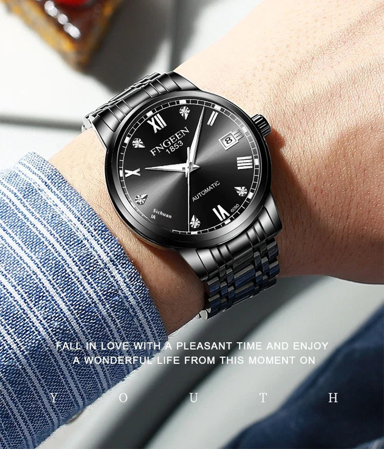 Premium automatic mechanical watch with leather strap, featuring a stainless steel case, luminous hands and markers, and a stylish British-inspired design