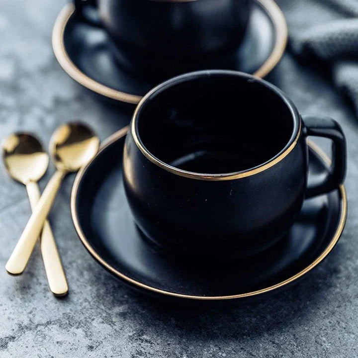 GiftHome UK Elegant Black Ceramic Coffee Cup and Saucer Set