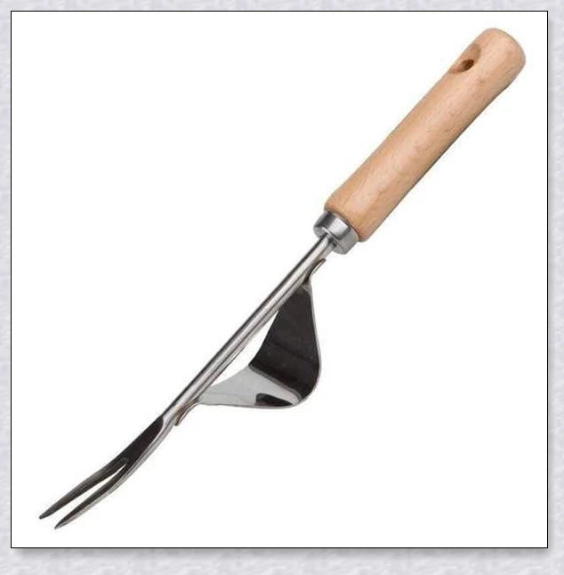 Premium British stainless steel manual weed puller with curved metal base and sharp forks for easy weed removal