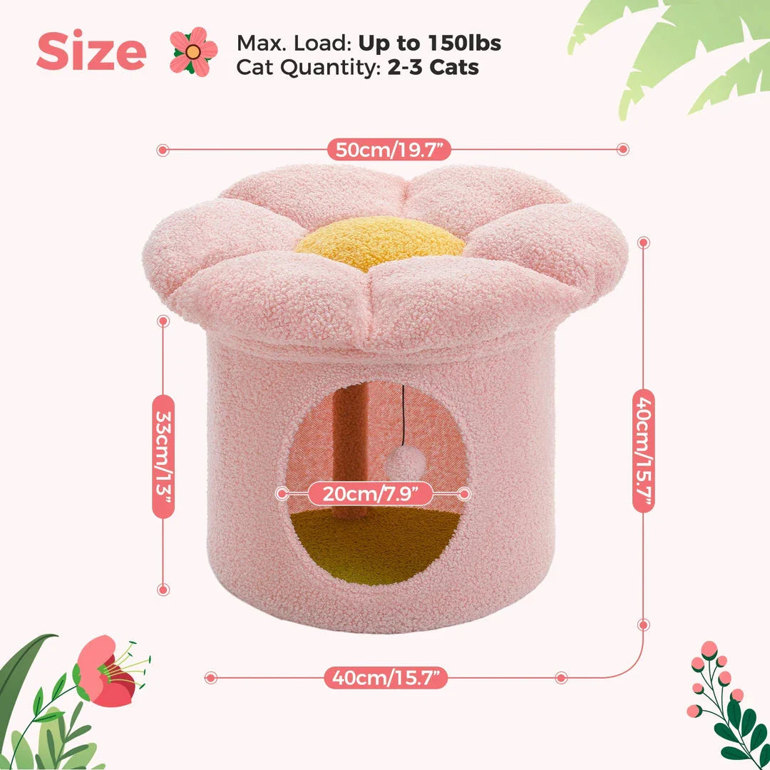 Luxurious double-decker cat bed with charming flower-shaped perch and interactive toy, made with soft corduroy fabric for maximum comfort.