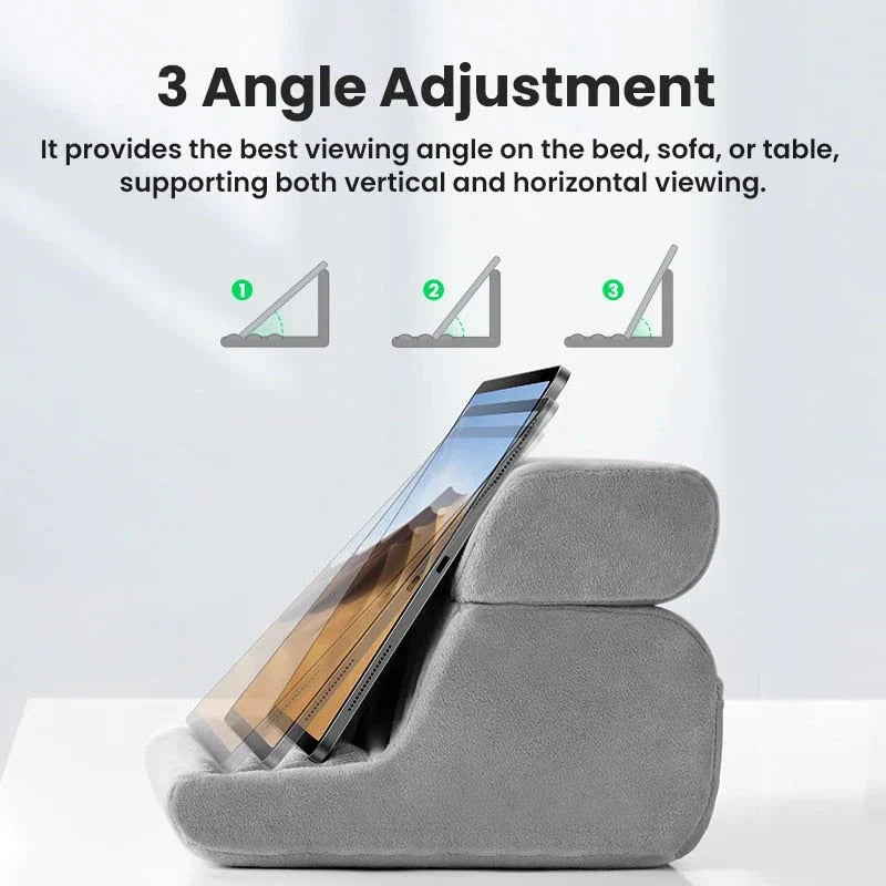 Adjustable tablet and phone stand with foldable, portable design for hands-free viewing on any surface