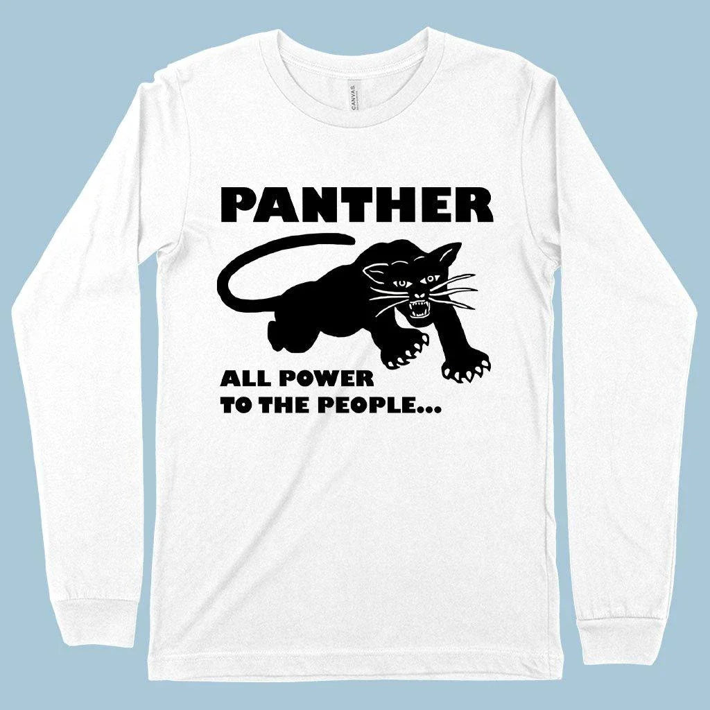 Iconic Black Panther long sleeve t-shirt in white, featuring a bold graphic design and premium, ethically-sourced cotton construction.