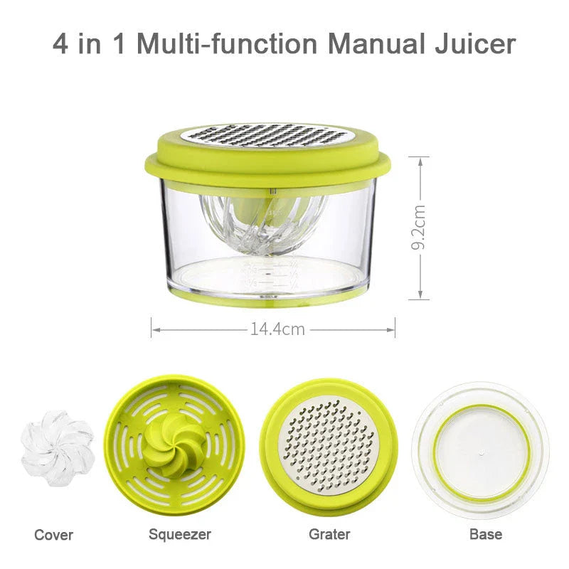 A manual citrus juicer with a built-in measuring cup, grater, and egg separator for versatile kitchen tasks