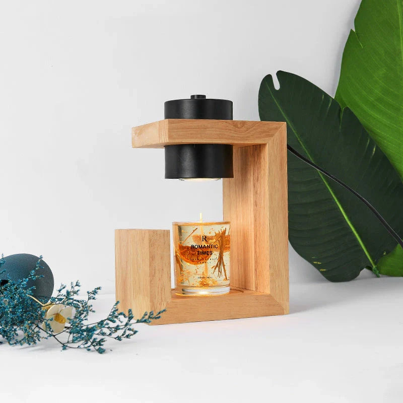 Elegant Nordic-style candle warmer lamp with oak wood and iron construction, dimmer switch, and timer function