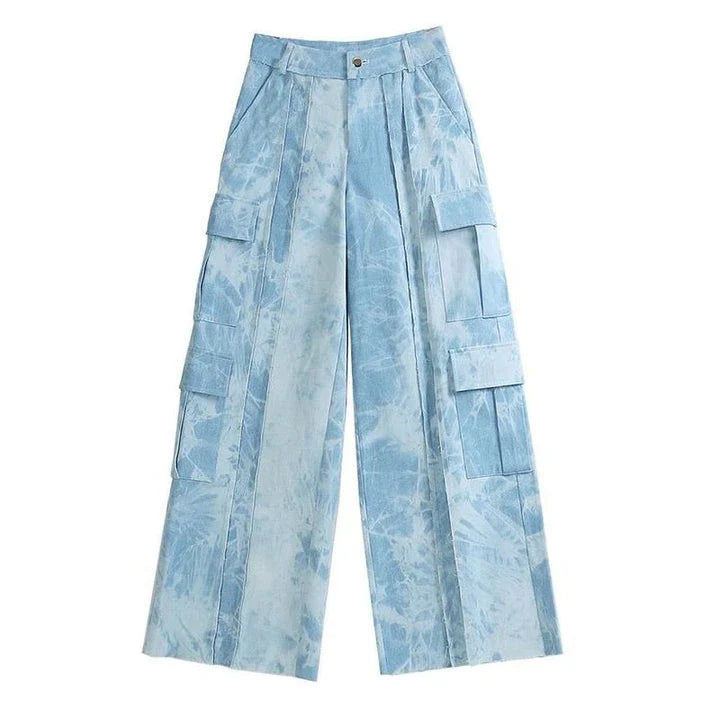 High-waisted tie-dye denim trousers with a straight-leg silhouette and practical pockets