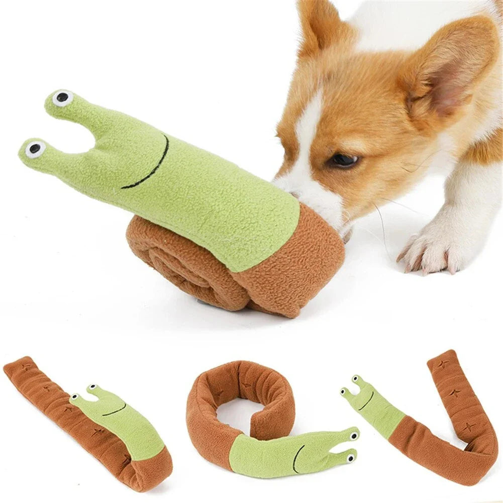 A plush snail-shaped snuffle mat toy with hidden treat pockets, designed to stimulate a dog's natural foraging instincts.