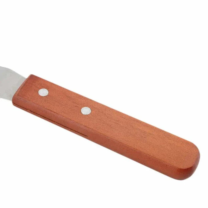 Stainless steel kitchen spatula with wooden handle, available in 15cm, 22cm, and 25cm lengths