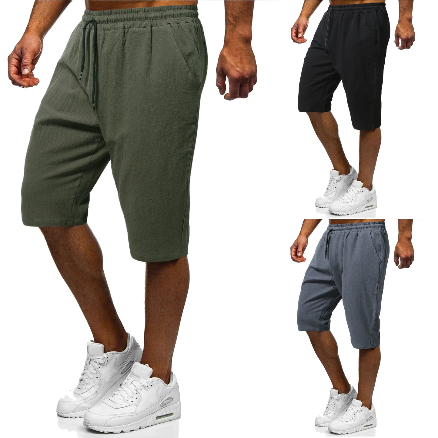 Men's casual linen-cotton cropped trousers in grey, green, and black colours with adjustable drawstring waist and straight-leg silhouette