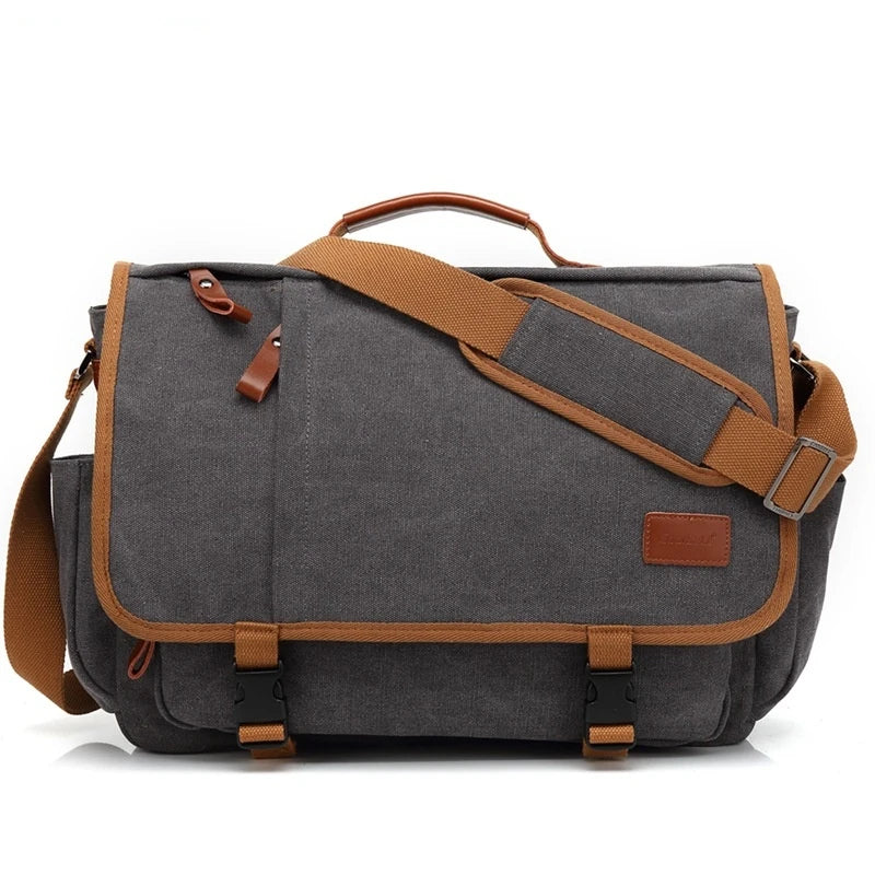 Men's canvas waterproof shoulder bag with 17-inch laptop compartment, durable and weather-resistant design