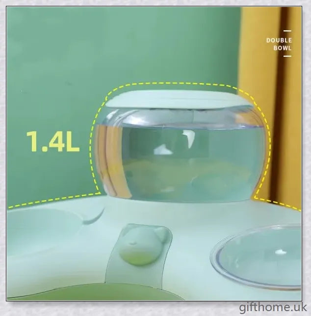 Automatic pet feeding and drinking bowl with crescent-shaped design, available in grey, powder, and green colours