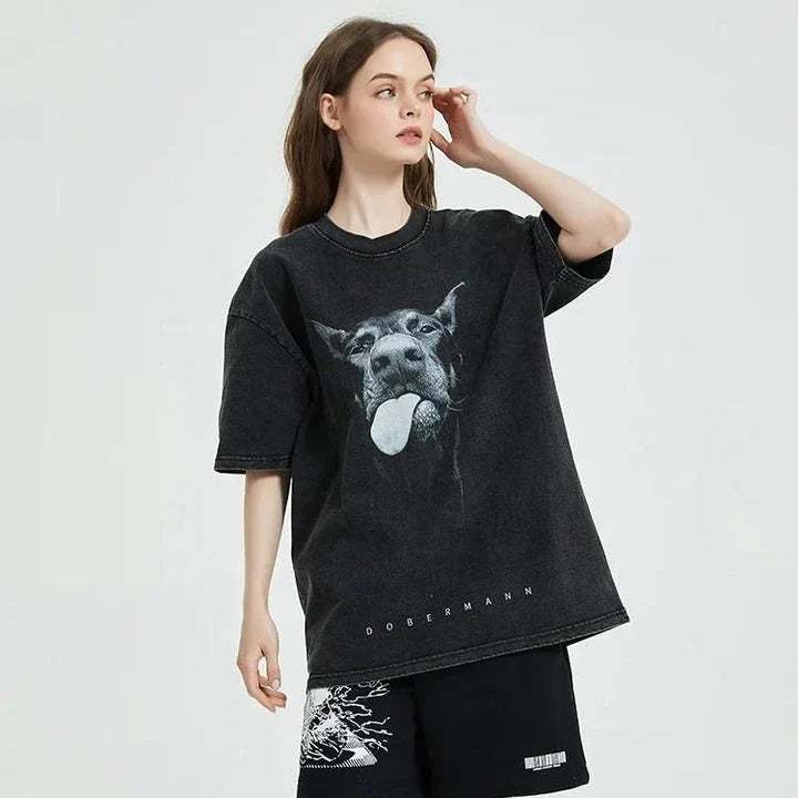 Oversized vintage-style hip hop streetwear t-shirt with a bold Doberman dog graphic, made from premium 100% cotton for all-day comfort and a relaxed, urban look.