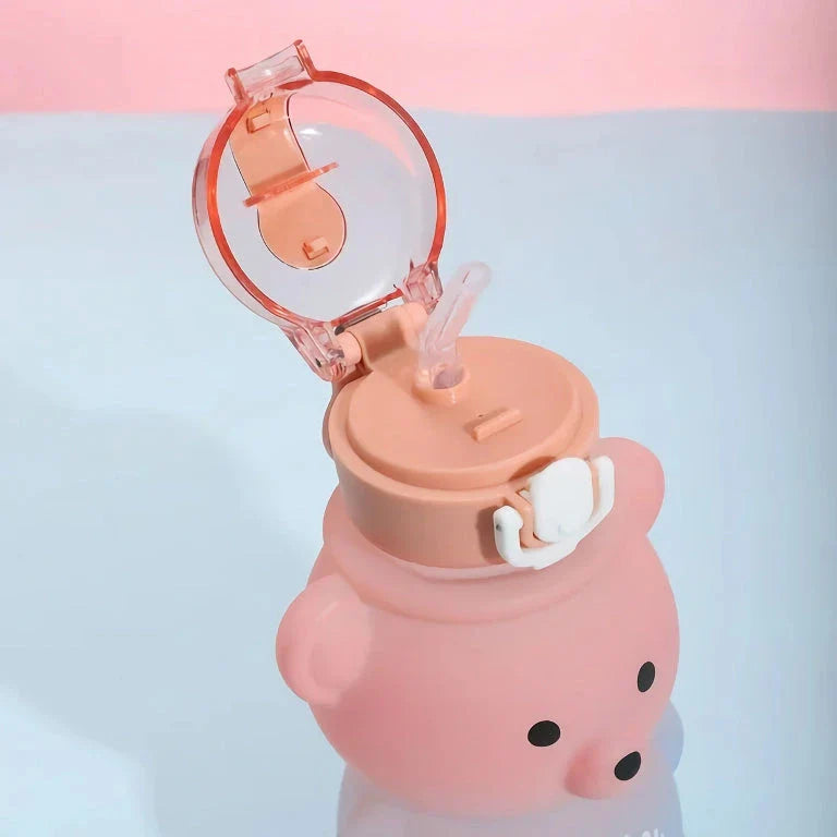 Charming gradient bear-patterned reusable water bottle with straw for convenient hydration on the go