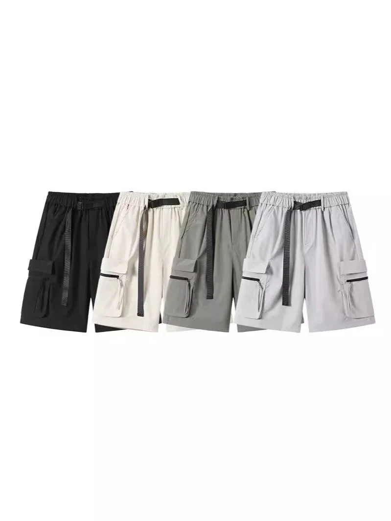 Trendy multi-pocket workwear shorts in a variety of colours, including black, khaki, green, and light grey, with a straight-leg design and ample storage options.