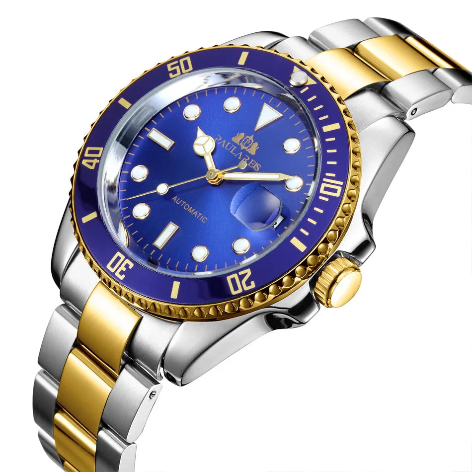 Elegant automatic watch with luminous hands and indices, showcasing British watchmaking excellence