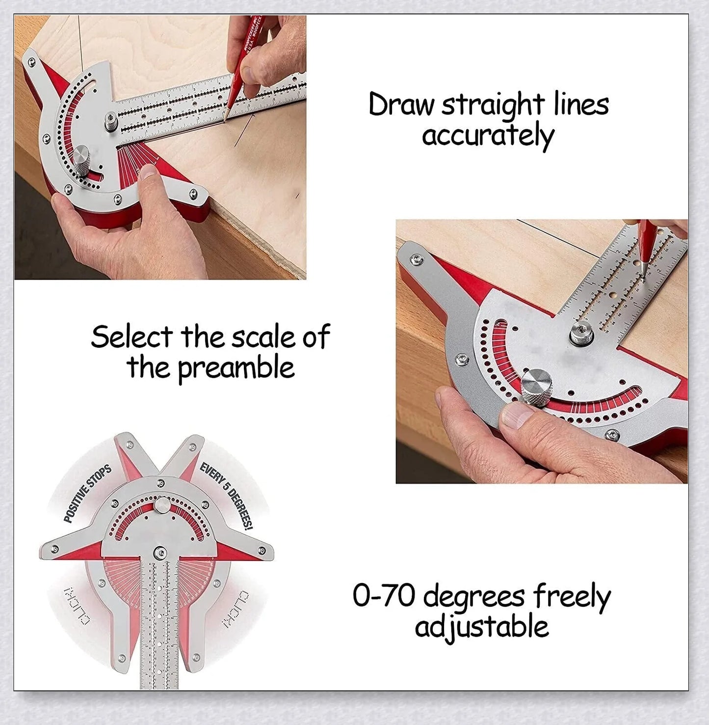 Precision Woodworkers Edge Ruler with adjustable angle, spring-loaded indexing system, and etched laser scale for accurate measurements in woodworking projects.