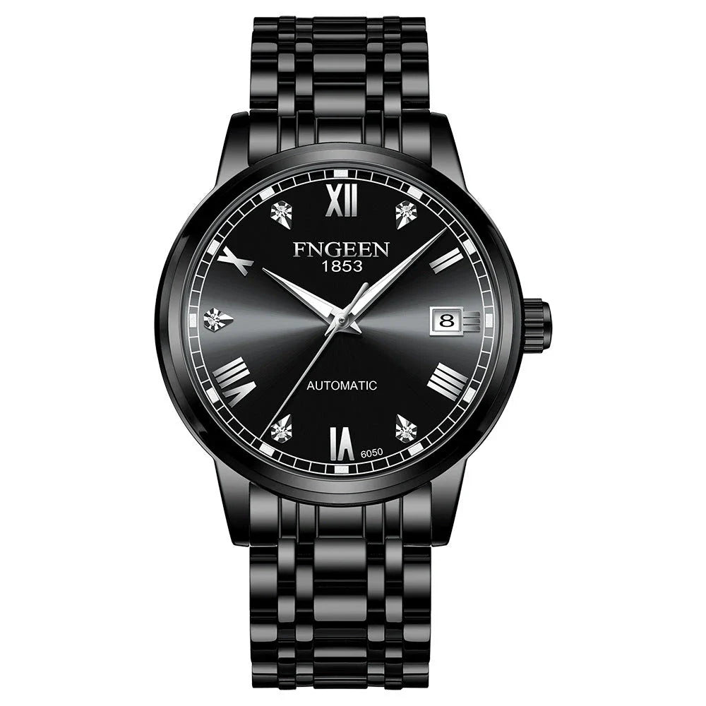 Premium automatic mechanical watch with leather strap, featuring a stainless steel case, luminous hands and markers, and a stylish British-inspired design