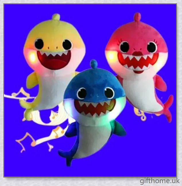 Soft and cuddly Baby Shark plush toy with captivating lights and music, perfect for young children's playtime