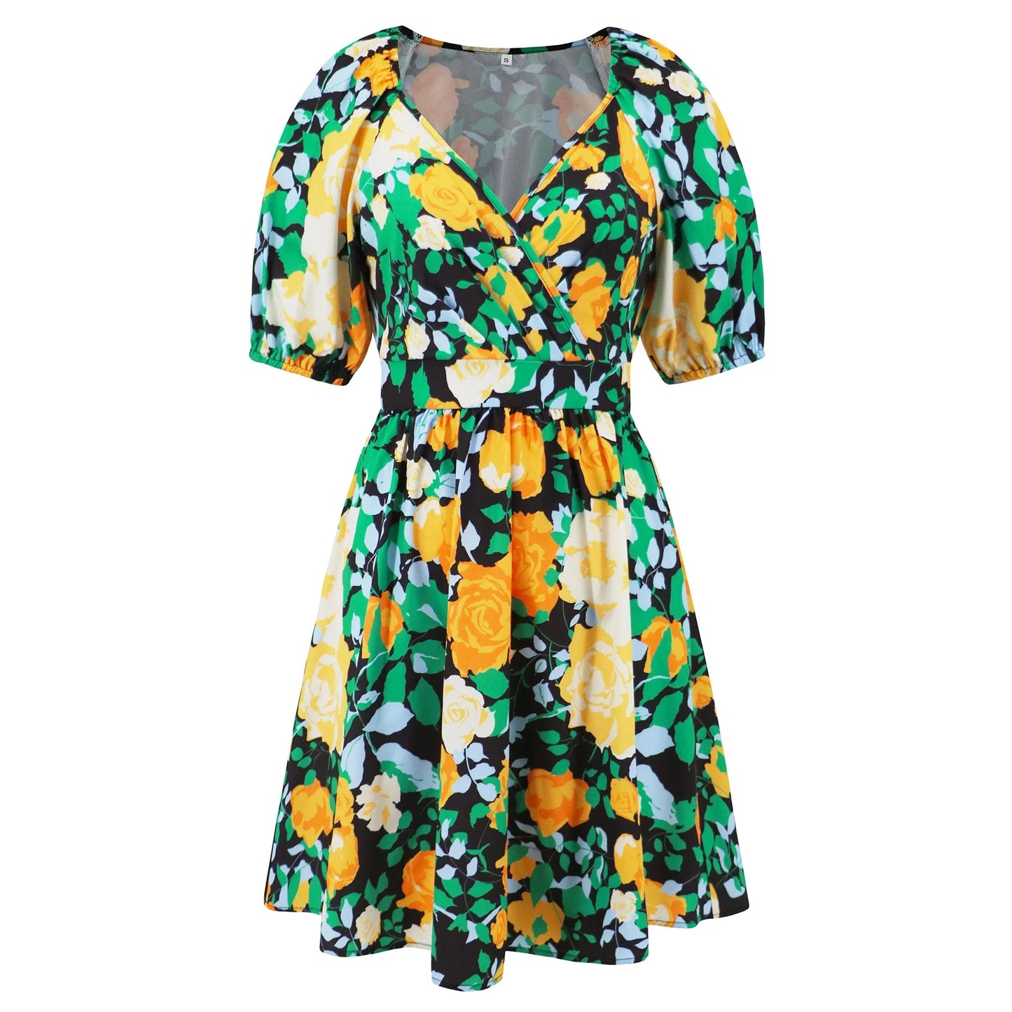 Stylish lantern-sleeve v-neck beach dress in vibrant summer colours, featuring a flattering fit and comfortable stretch fabric