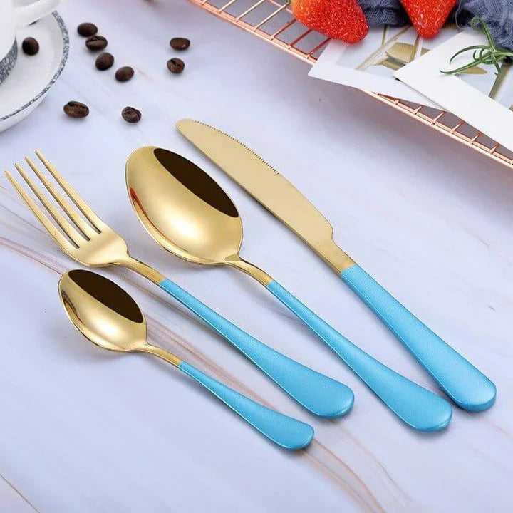 Premium eco-friendly stainless steel tableware set including knife, fork, spoon, and tea spoon in a sophisticated frosted finish
