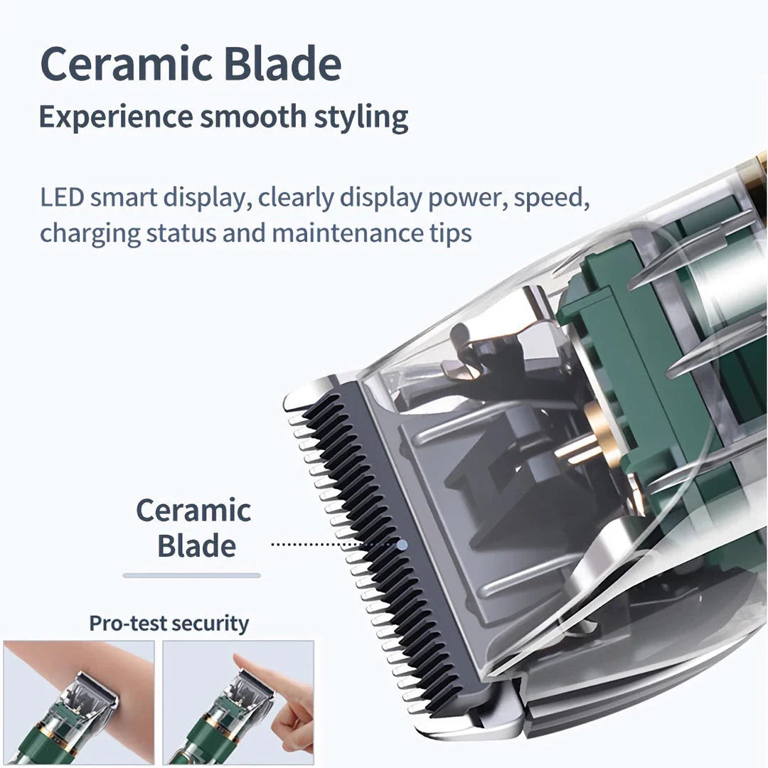 A professional pet hair trimmer with premium stainless steel blades and adjustable settings for customised grooming