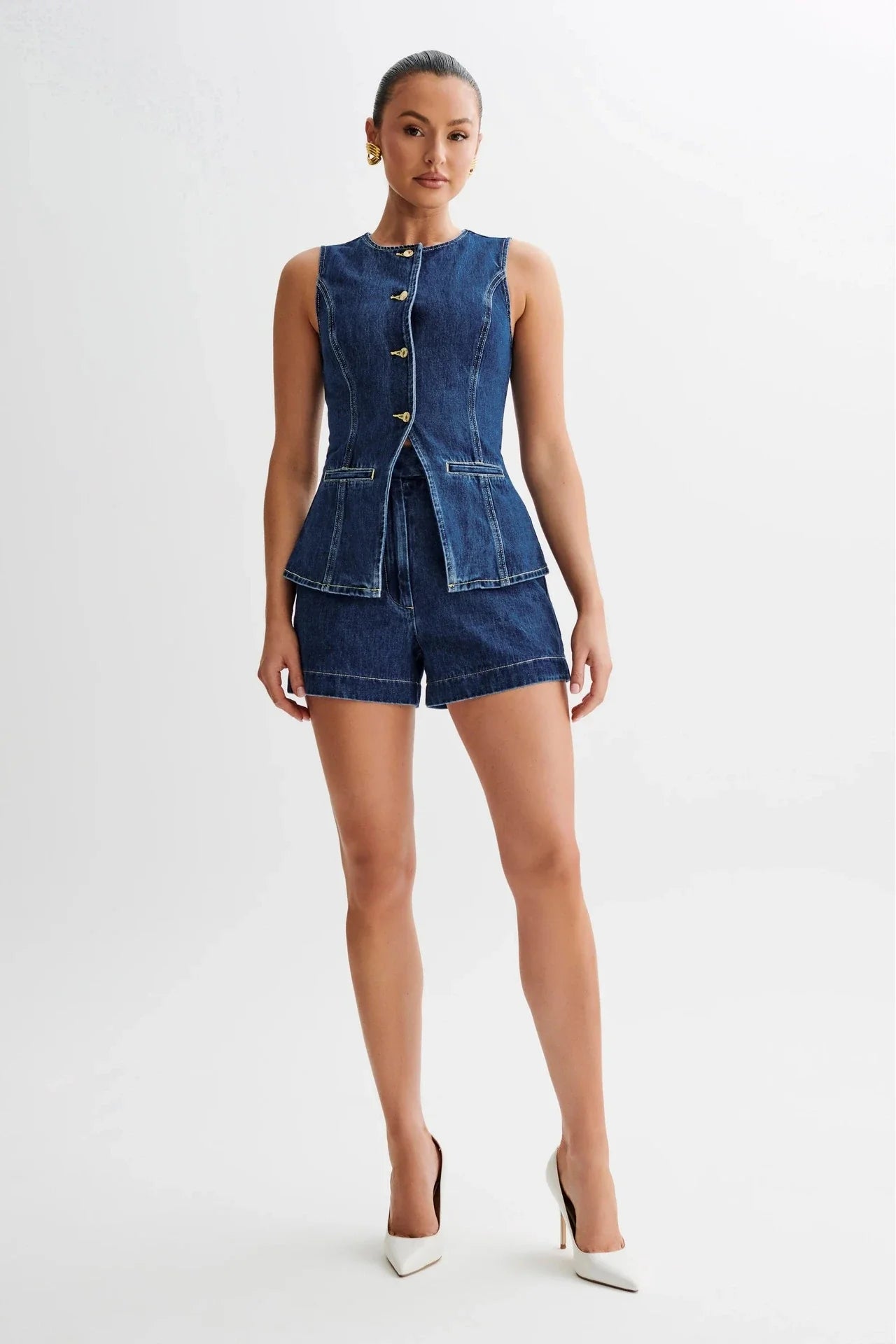 Trendha Denim Summer Set - Sleeveless Button-up Top and High-Waisted Shorts for Women