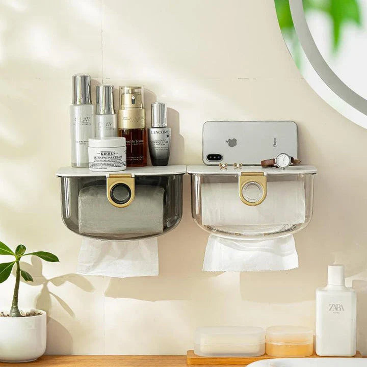 Modern grey wall-mounted tissue box and storage dispenser for bathroom and kitchen