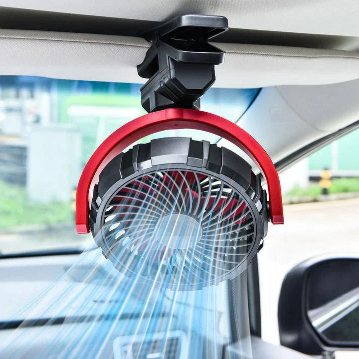 Portable Car Cooling Clamp Fan with 900° Rotatable Design, USB Rechargeable Battery, and Quiet Brushless Motor