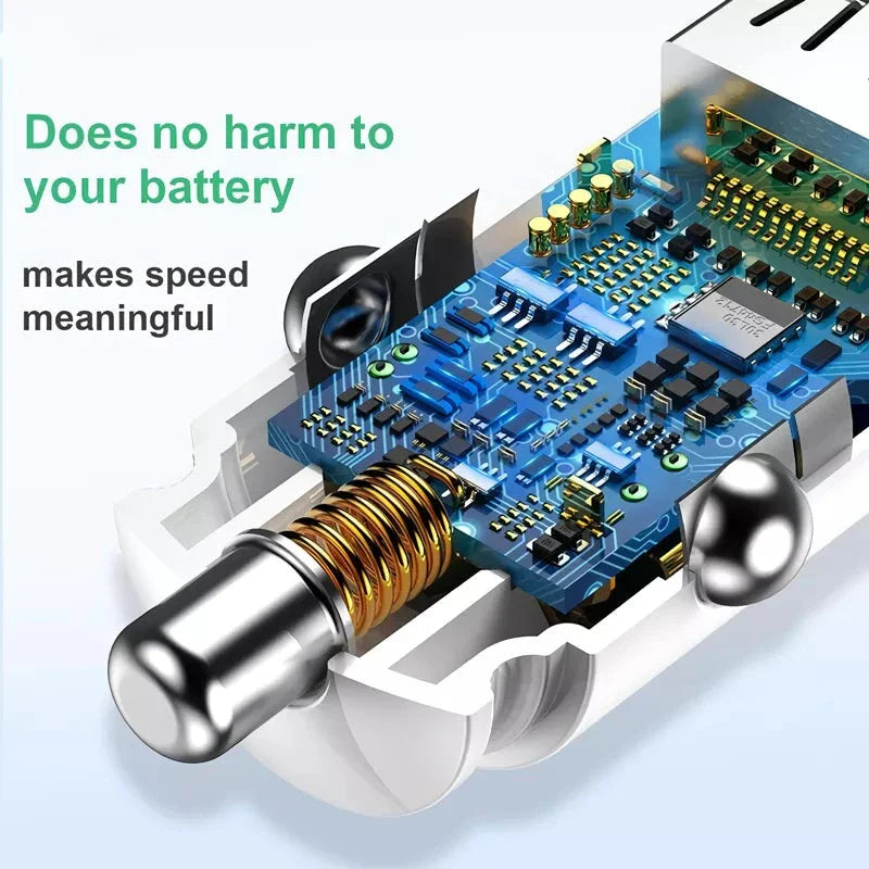 High-Performance 30W Dual-Port Fast Car Charger with USB and USB-C ports for lightning-fast charging on the go