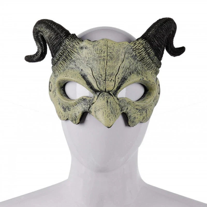 A chilling Halloween mask with long, twisted horns and a fearsome, ghostly expression, crafted from premium acrylic materials.