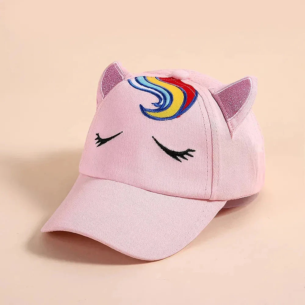 A playful, embroidered kids' baseball cap in a vibrant red panda colour, featuring a cute cartoon cat design and shimmering sequin accents.