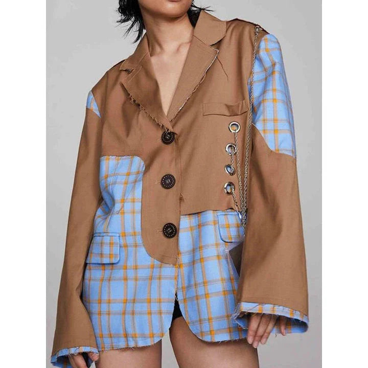 Sophisticated Checkered Blazer with Chain Accent for Women