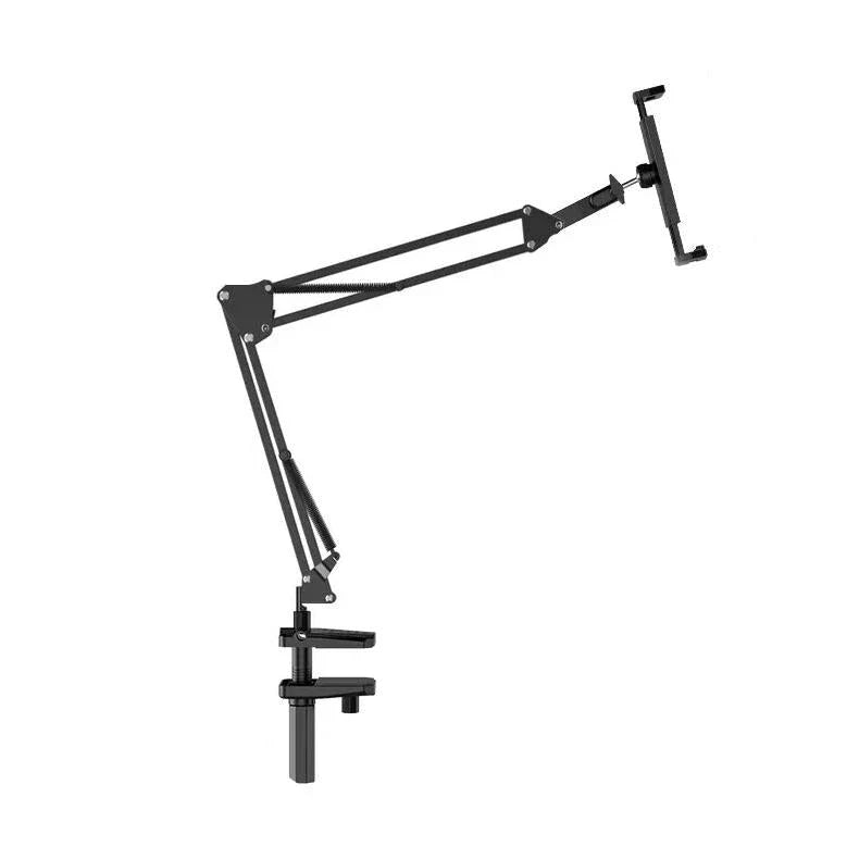 A 360-degree rotatable and adjustable tablet and phone stand with a long arm and stable support for versatile viewing