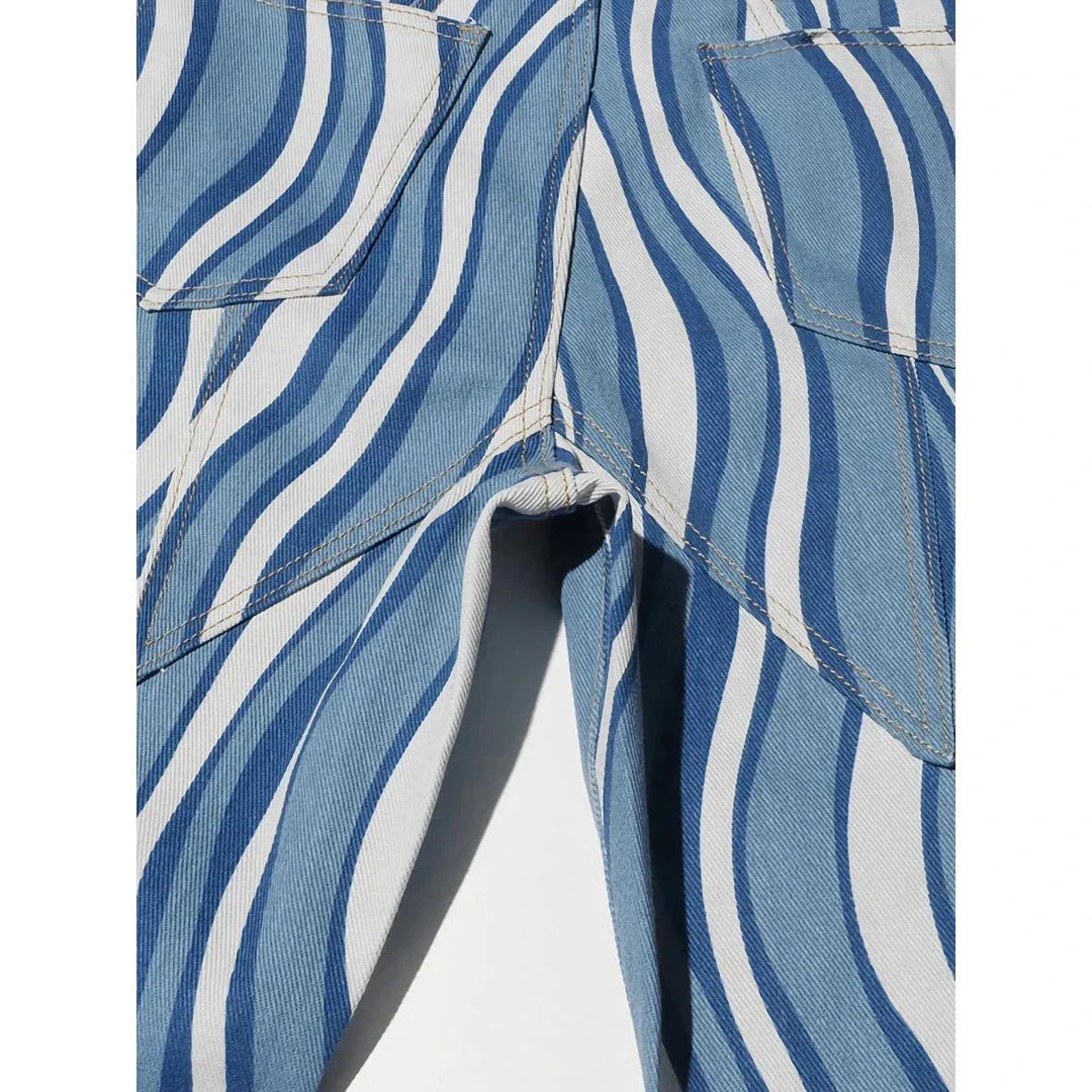 Women's high-waist striped denim trousers in a stylish blue colour, featuring a unique pattern and functional design for everyday wear.