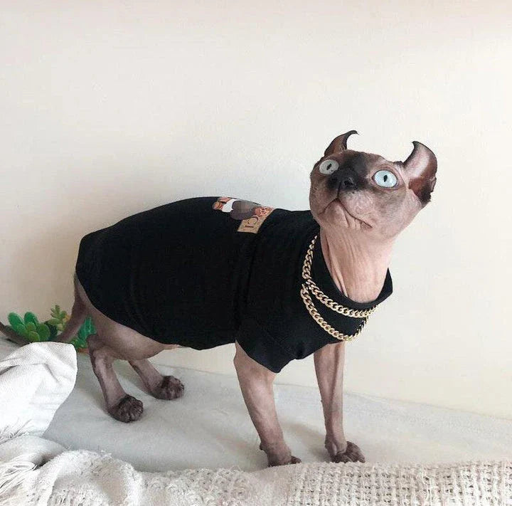 A stylish cotton sweater with a vibrant printed design and a coordinating necklace accessory, perfect for keeping your cat warm and fashionable.