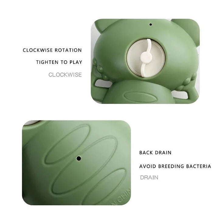 Adorable clockwork-powered frog bath toy with smooth edges for safe, fun playtime in the tub or pool