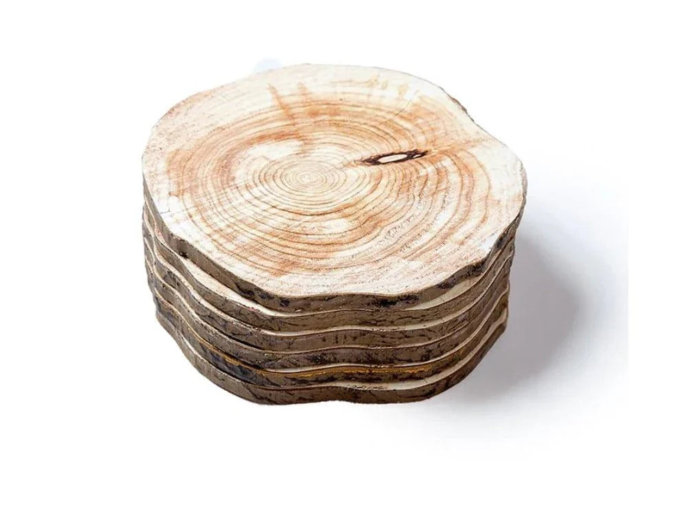 Set of 6 premium wooden coasters in oak and walnut finishes, designed to protect surfaces from water damage and enhance the ambiance of any space.