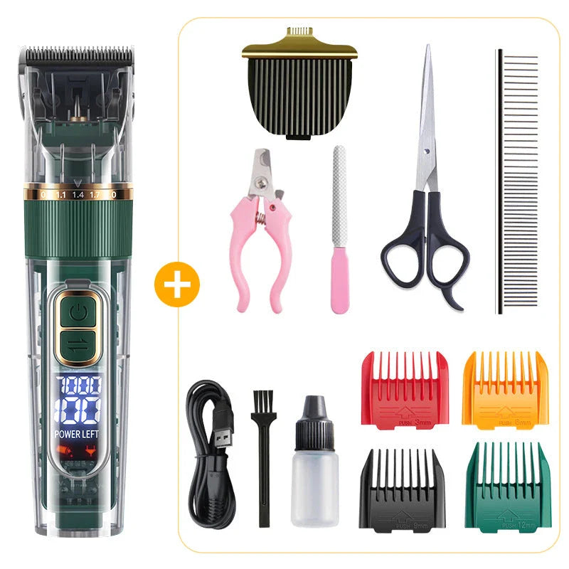 A professional pet hair trimmer with premium stainless steel blades and adjustable settings for customised grooming