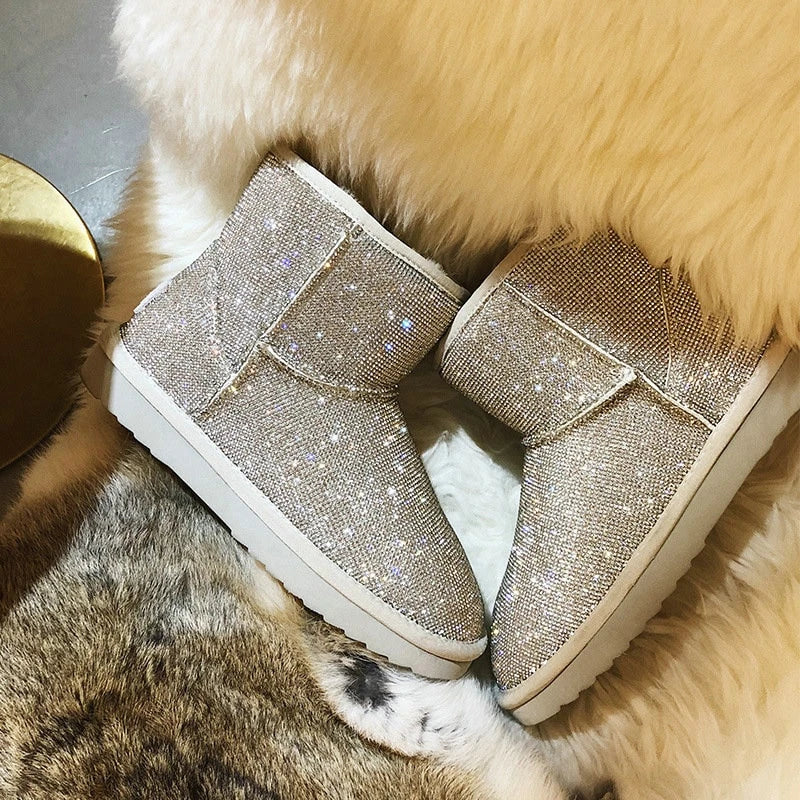 Premium rhinestone-embellished ankle boots for women, featuring a shimmering upper and durable rubber sole for winter wear