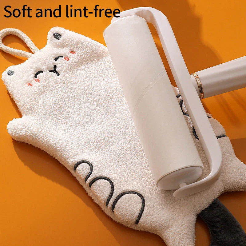 Soft, absorbent coral velvet cat-shaped hand towel with convenient hanging lanyard