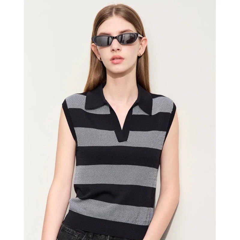 Chic Summer Knit Sleeveless Sweater in a neutral striped pattern, offering a comfortable and stylish option for warm weather wear.