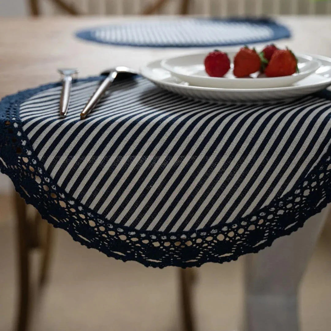 Elegant geometric lace placemats in red and blue stripes, designed to protect and decorate your dining table