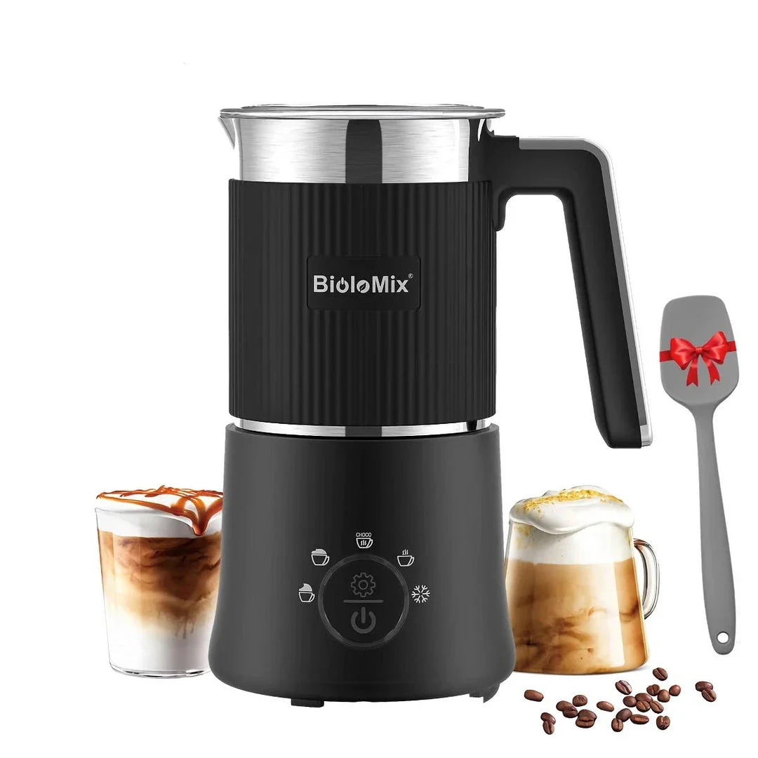 Detachable 5-in-1 Milk Frother and Steamer with stainless steel body and black finish